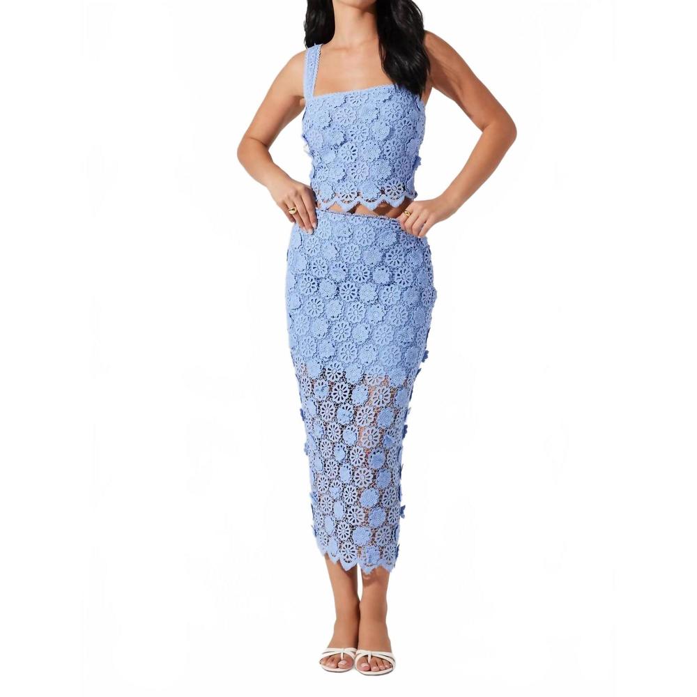 Astr Blue Crochet Midi Skirt